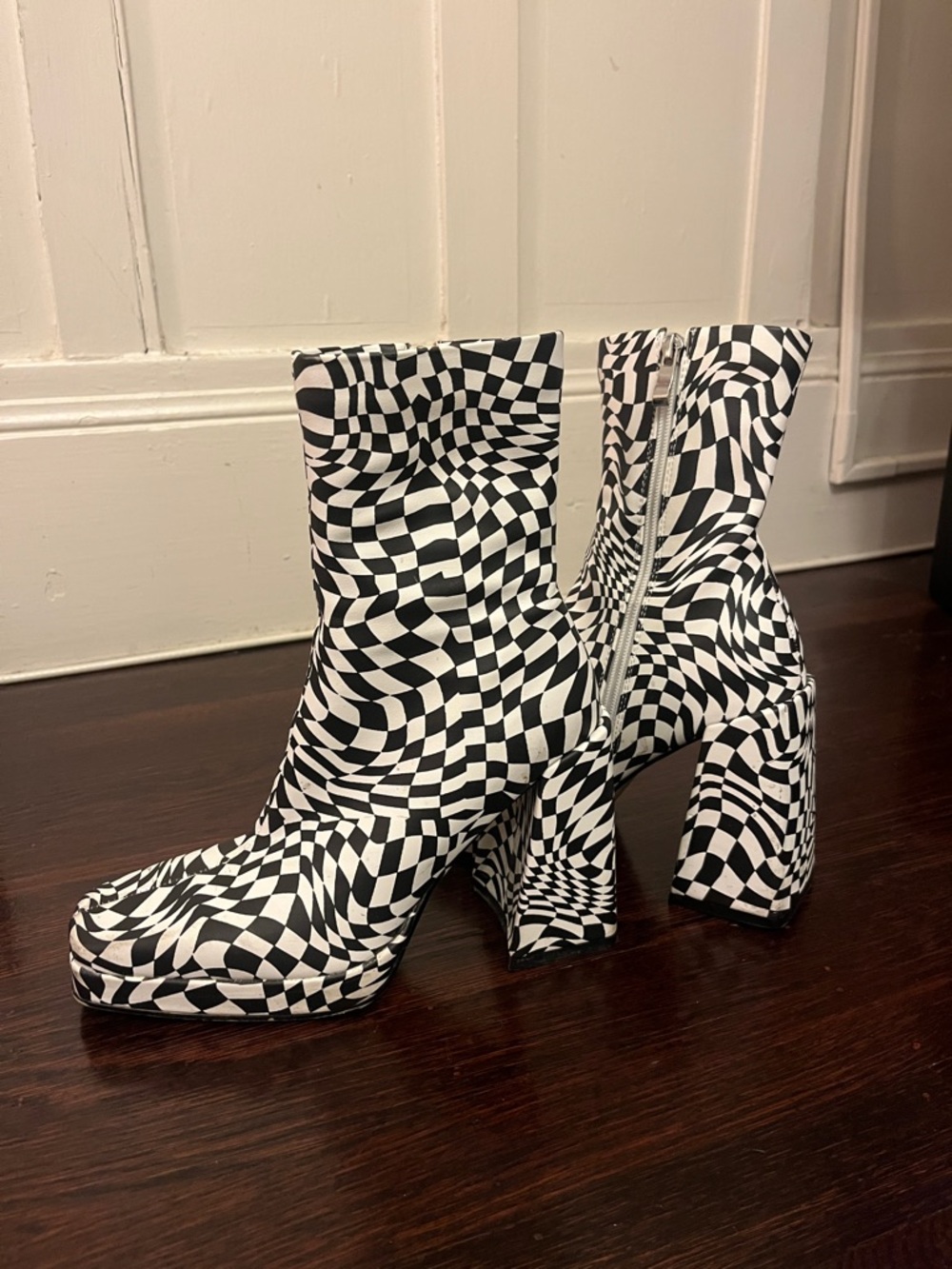 Nasty Gal Black & White Optical-Print Platform Ankle Boots with Block Heel
